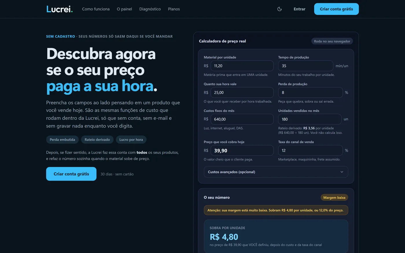 Página inicial da Lucrei em modo escuro, com a calculadora de preço real